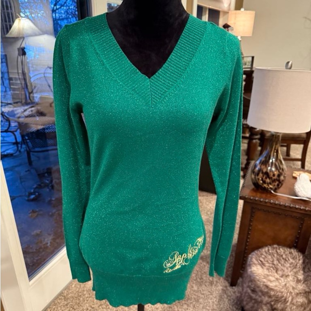 Apple Bottoms Embellished Sparkly Long Sleeve V-Neck Sweater Green X-Large New